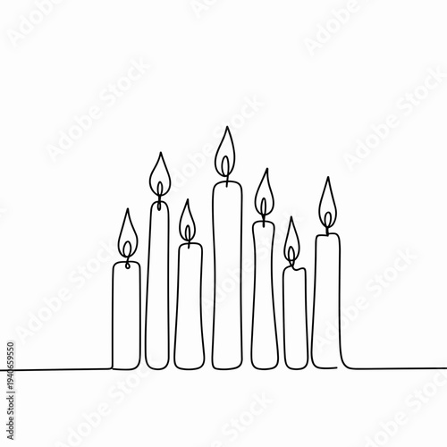 Minimalist line art of lit candles arranged in a row  