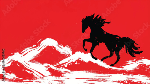 Black silhouette of a powerful horse in motion against a bright red background with white abstract wave-like shapes, evoking speed and untamed spirit