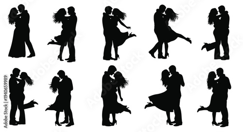 Silhouettes of couples dancing and embracing in various romantic poses