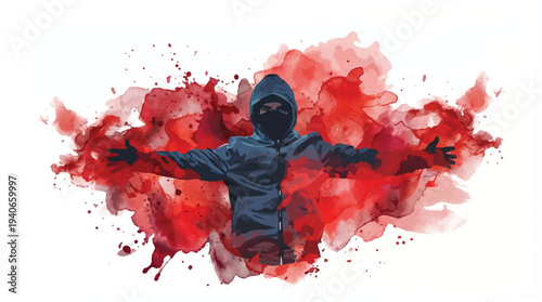 Figure in a dark hooded jacket with face masked, standing with arms spread within a vibrant burst of red smoke, symbolizing dissent