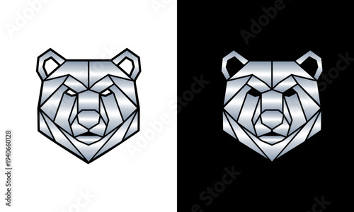 Geometric illustration of a bear's head on contrasting backgrounds from a frontal viewpoint