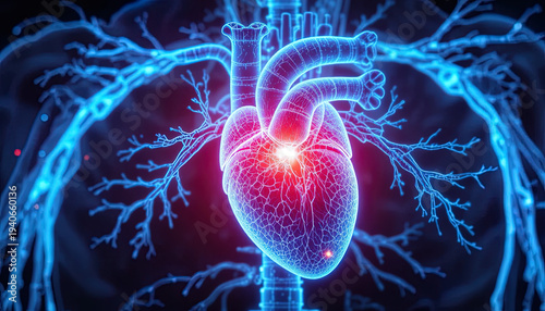 Human circulatory system and internal organ rendered with glowing digital lines