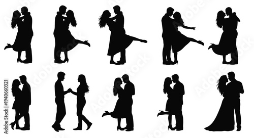 Silhouettes of couples embracing and dancing in various romantic poses