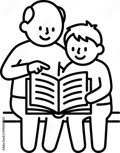 Senior man and boy reading a book together, sharing knowledge and bonding. Grandfather and grandson relationship. Education concept. Vector icon for childhood and family design