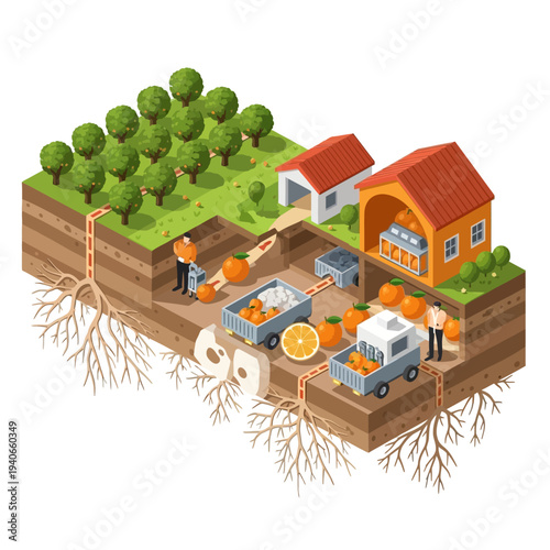 Isometric illustration depicting the entire process of orange cultivation, from harvesting in the orchard to processing and packaging in a factory.