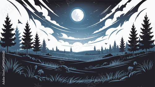 Stylized illustration of a starry night sky over a silhouetted forest and hills, illuminated by a full moon, evoking a sense of wonder