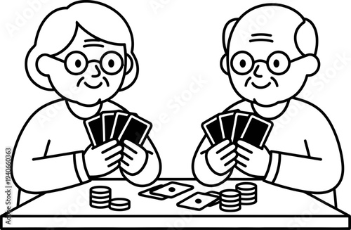 Senior woman and man playing card game a table, concept of leisure or hobby, retirement activity. Vector illustration for banner, poster