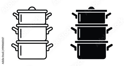 Stacked cooking pots icon set featuring outline and solid black versions of kitchenware saucepans with lids and handles for culinary design
