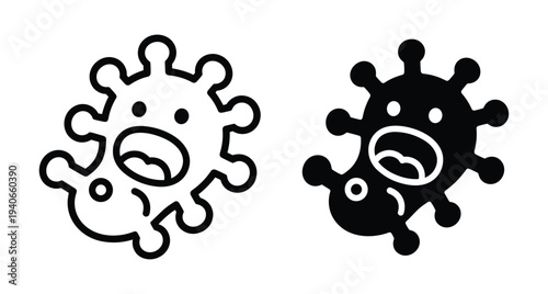 Cartoon virus bacteria icons set featuring cute germ characters with open mouths in outline and solid black silhouette cartoon virus bacteria icons