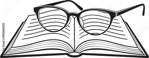 Open book with reading glasses concept. Education, knowledge, library symbol. Vector illustration for icon, logo, brand mark