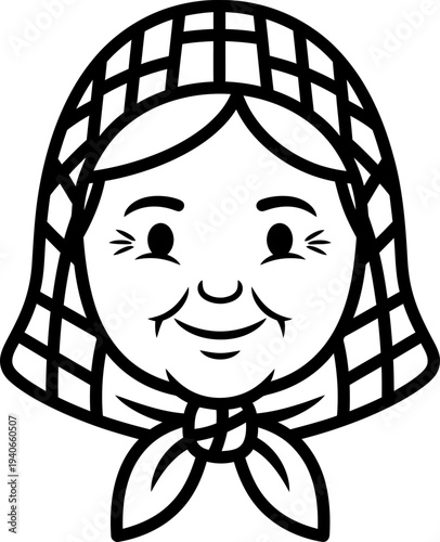 Happy old woman face in a checkered headscarf. Grandma or babushka. Black and white icon or symbol. Vector illustration for avatar