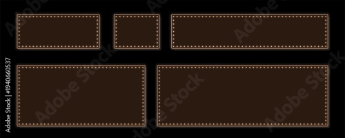 Five elegant dark brown marquee panels outlined with subtle orange glowing lights on a black canvas