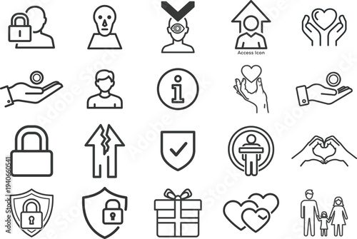 Collection of security and protection icons representing safety and trust in various aspects of life, including personal and professional settings