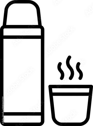 Thermos bottle and hot steaming cup or mug. Travel drinkware for liquid storage. Outline vector icon or symbol for website, app, pictogram