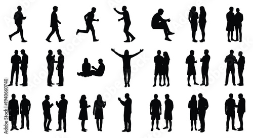 Silhouettes of diverse people interacting in various poses and groupings
