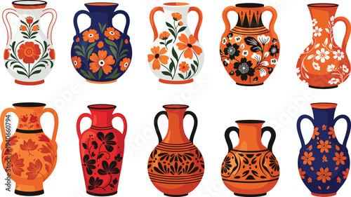 Colorful decorative ceramic vases with floral ornaments traditional pottery collection vector illustration set