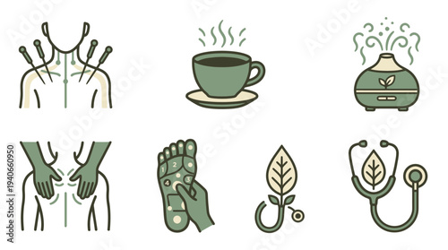 Alternative medicine icons set for holistic health acupuncture and massage