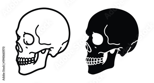 Human skull profile vector illustration set featuring black outline and solid silhouette icons for medical science anatomy or gothic design projects