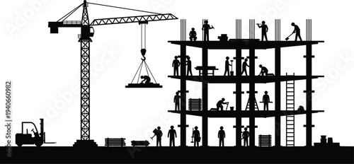 Construction workers building multi story structure with tower crane and heavy machinery silhouette illustration