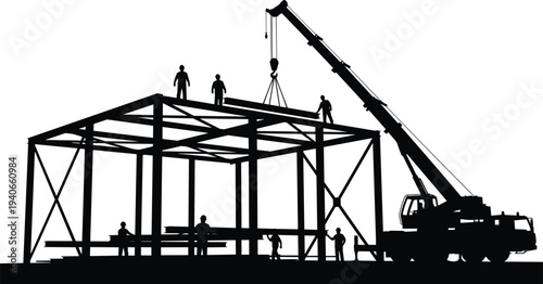 Construction workers assembling steel frame structure with mobile crane on building site silhouette illustration