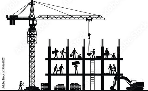 Construction workers building multi story structure with tower crane excavator and labor team silhouette vector illustration