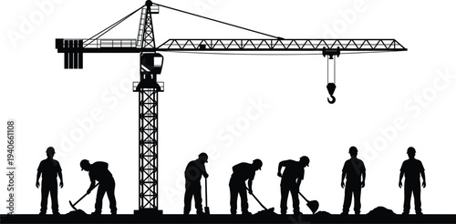 Construction workers digging and working under tower crane on building site silhouette vector illustration