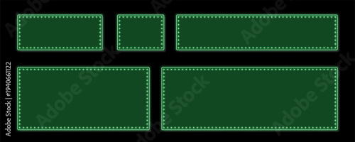 Five empty green marquee frames with brilliant light bulbs illuminate a black backdrop