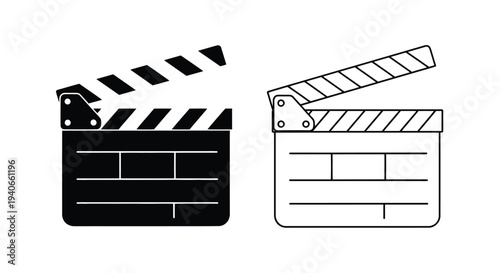 Two clapperboards in contrasting black and white line art styles
