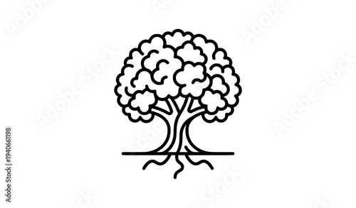 Minimalist oak tree vector design with large leafy canopy and trunk on white background