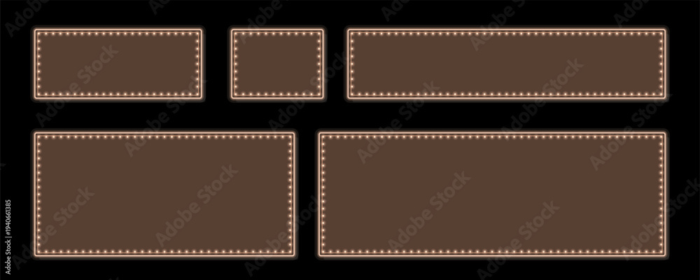 Obraz premium Five glowing brown rectangle and square frames with illuminated borders on a dark empty stage