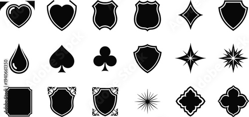 Vintage decorative shapes icons set including shields hearts stars drops badges and ornaments in retro black silhouette style vector collection