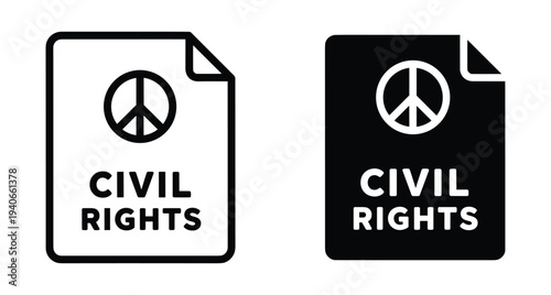 Civil rights document icon set featuring peace symbol and text for social justice equality human rights law and legal advocacy