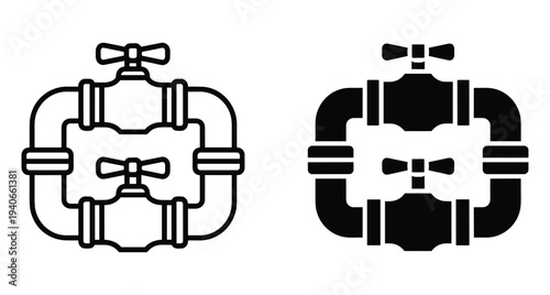 Industrial pipe system with valves for water or gas flow control plumbing equipment vector icons in outline and solid styles
