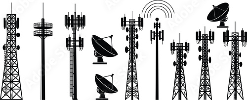 Telecommunication towers and satellite dishes collection wireless network antenna silhouettes isolated vector illustration set