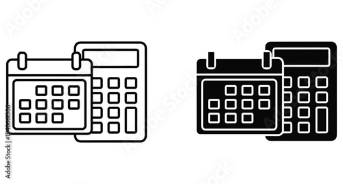 Calendar and calculator icons in outline and solid styles for business planning financial management accounting scheduling and time tracking tools