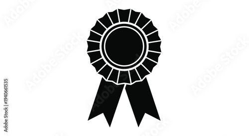 A black and white illustration of a circular award ribbon with tails