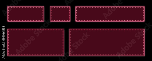 Five glowing rectangular and square marquees illuminated with bright pink lights on a dark background