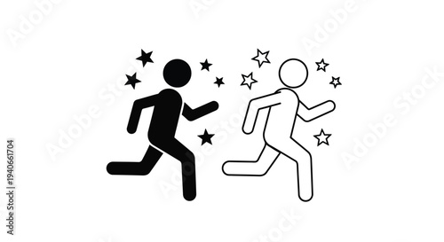 Two figures running amidst stars one black and one white silhouette