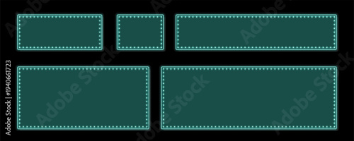 Five glowing teal rectangular marquee frames with bright light bulbs on a black backdrop