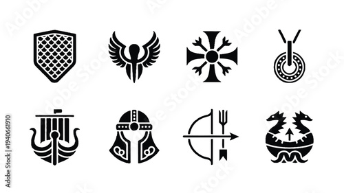 Collection of various medieval and fantasy symbols and icons used for design and decoration