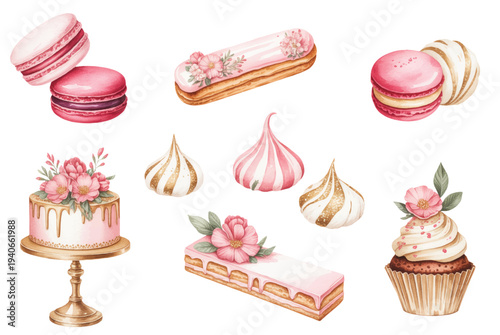 Elegant bakery dessert set with pink macarons, floral cake, cupcake, and meringue in delicate watercolor style.