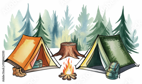 Outdoor camping illustration with colorful tents and burning campfire in soft watercolor style.