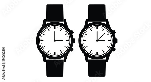 Two black wristwatches displaying different times isolated on white