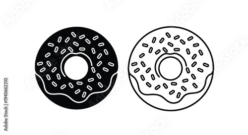 Two donuts one filled and one outlined depicted in a simple black and white style
