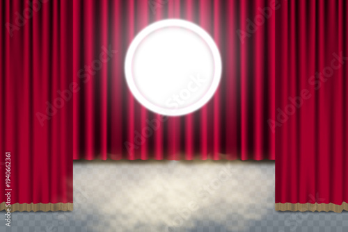 Red stage curtains with spotlight and smoke