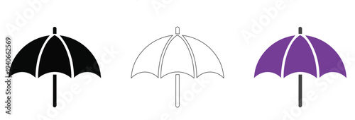 Vector umbrella icons set black filled white outline purple rain protection weather open closed parasol simple line illustration collection