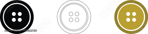 Vector button sewing icons set black filled white outline gold 4 holes clothing fastener apparel fashion accessory simple illustration collection
