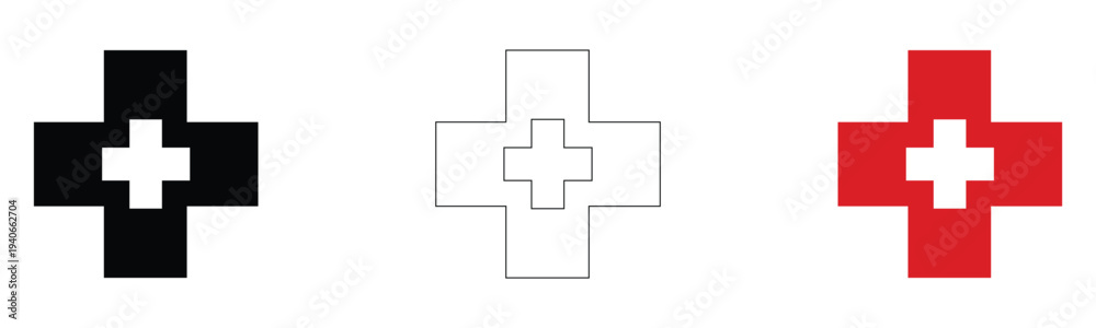 Fototapeta premium Vector medical plus cross icons set black filled white outline red health hospital aid emergency pharmacy sign simple illustration collection