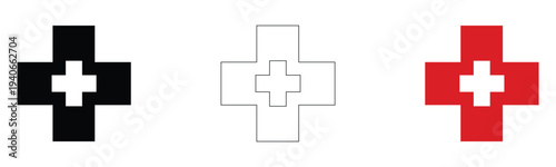 Vector medical plus cross icons set black filled white outline red health hospital aid emergency pharmacy sign simple illustration collection