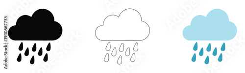 Vector rain cloud icons set black filled white outline blue with rain drops weather precipitation storm cloudy sky simple line illustration